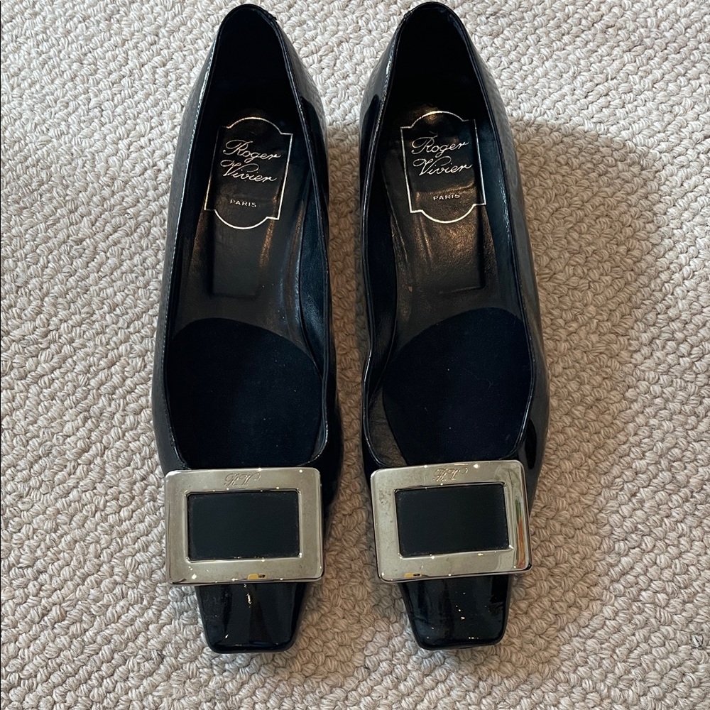 Roger Vivier Black Flats with Silver Buckle, Size 8 1/12